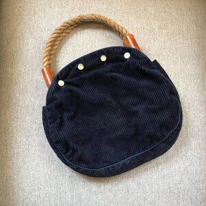 Happy House Vintage Preppy Rope Handle Navy Corduroy Purse Wood Frame